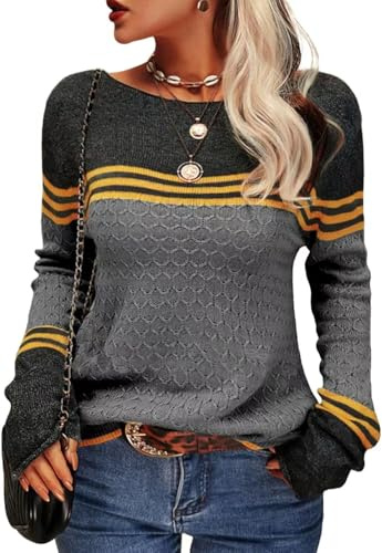 CheChury Jersey Mujer Invierno Punto Cuello Redondo Suéter Manga Larga Basico Bloque de Color Rayas Oversize Otoño Suelto Sweater Casual Blusas