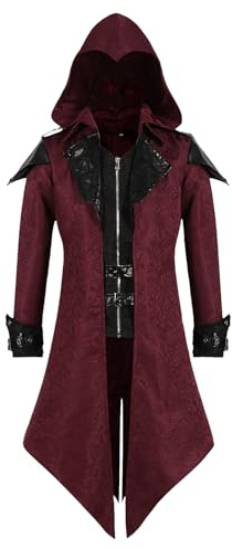LLTTEER Veste steampunk médiévale avec capuche, manteau gothique, manteau médiéval, costume d'Halloween, vêtements de renaissance, veste de frack vintage (Rouge, S)