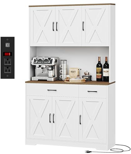 HOSTACK 71 Pantry Cabinet with Charging Station, Tall Kitchen Pantry Storage Cabinet with Microwave Stand, Farmhouse Kitchen Hutch with Storage Drawers for Living Room, Dining Room, White