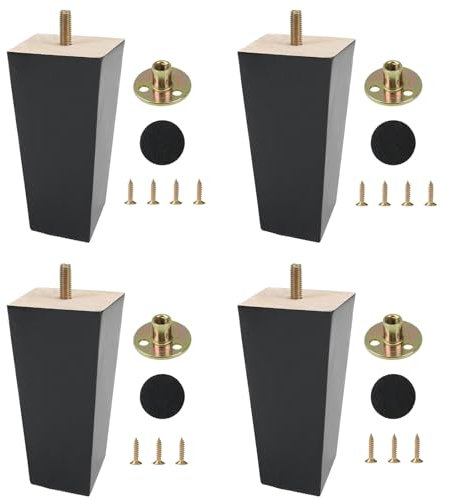 KINDPMA 4PCS Wooden Furniture Legs 15cm Solid Wood Sofa Legs Chair Legs Table Legs Black Furniture Replacement Feet with Mounting Plates Screws Non-Slip Mat for Bed Chair Couch Table TV Cabinet