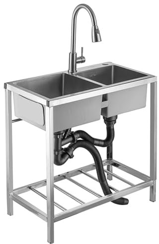 Edelstahl-Spüle für den gewerblichen Gebrauch, Doppelspüle, Gastronomiespüle, freistehende Spüle aus Edelstahl, Mehrzweckspüle für den Außenbereich mit Abtropffläche, mobiles Handwaschbecken