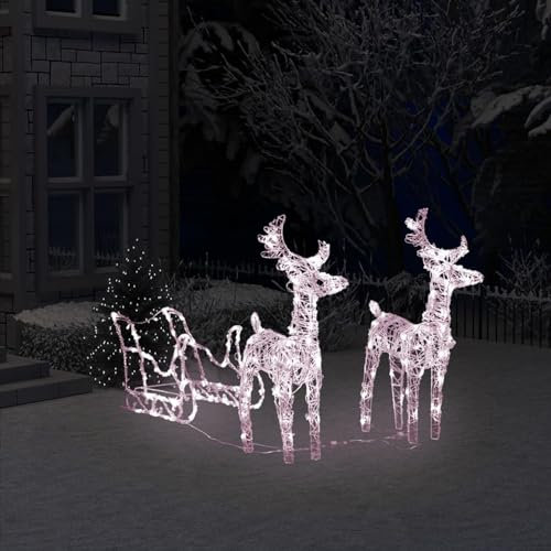 Homgoday Rentiere & Schlitten Weihnachtsdekoration Beleuchtet Weihnachtshirsch Weihnachtsfigur Weihnachtsdeko Weihnachtsbeleuchtung für Außen und Innen 160 LEDs 130 cm Acryl Warmweiß