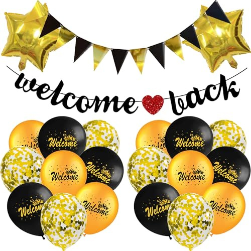Welcome Back Deko Banner Ballon - 22 Stück Welcome Back Banner Gold Dreieck Flagge Fünfzackiger Stern Aluminiumfolie Luftballons Für Heimkehr Willkommen Zuhause party
