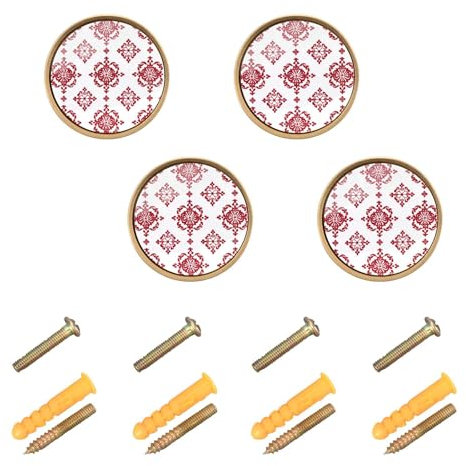 EtherSpher Dekorativer Türknauf mit roter Schneeflocke, chinesisch, klassisch, 32 mm, goldfarben, für Wohnzimmer, 4 Stück
