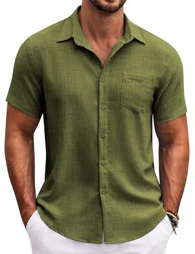 COOFANDY Camisa Manga Corta Hombre Ajuste Regular Verano Informal Lino con Bolsillos Pecho Verde Militar L