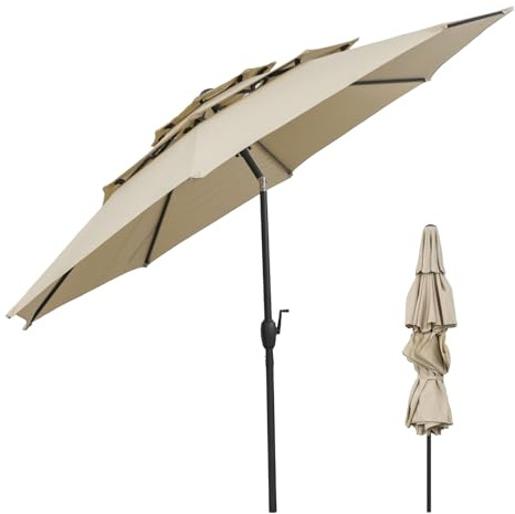 GOPLUS Sonnenschirm 300 cm, Gartenschirm mit Kurbel, beidseitig 30° neigbarer Terrassenschirm mit UV-Schutz, Marktschirm stabil mit 8 Rippen, Balkon Schirm für Strand, Pool, Garten, Hellbeige