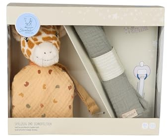Sterntaler Träumli-Set Giraffe Kaya- Kuscheltuch aus Flausch mit Schnullerband - Silikonring und Klettverschluss zum Befestigen des Schnullers - Musselintuch - Geschenk, ab Geburt, ocker