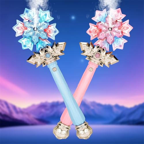 CaptainWiz Light Up Frozen Snowflake Wand with Spray & Music 2PCS Princess Magic Toy Wands for Kids Girls Cosplay Birthday Party Favors, Blue & Pink