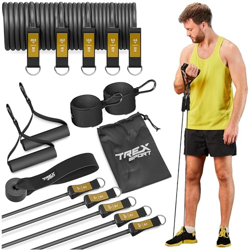 TREX SPORT Widerstandsbänder 5er Set mit Griff Expander 4,6-22,8kg Türanker | TX-050TSV Fitnessbänder, Gymnastikband, Knöchelriemen, Resistance Bands, Neon / Grau