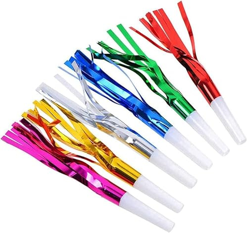24 Pcs Random Color Metallic Noise Makers Party Blowouts Whistles Glitter Fringe Noisemaker Party Supplies Blowouts for Party Sport Games