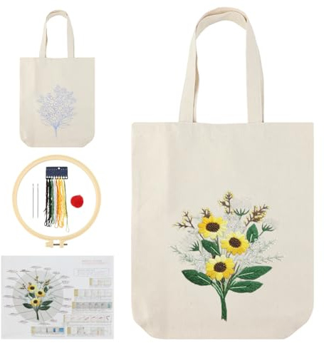 SacJkt Sticken Set Erwachsene, Embroidery Kit, Canvas Tote Bag Stickerei Starter Set mit Werkzeug und Anleitung, Kreuzstich Kit für Anfänger Erwachsene und Stickereiliebhaber（beige）