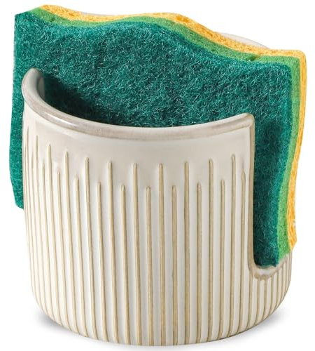 Seyatoo Ceramic Sponge Holder for Kitchen Sink, Scrub Sponge Dish Rack, Farmhouse Compact Sink Caddy Organizer, Glazed White
