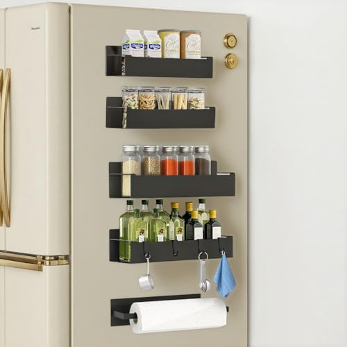 devesanter Magnetisches Gewürzregal,4 Stück Kühlschrank-Organizer,magnetisches Regal mit 1 Stück Papierhandtuchhalter,Kühlschrank Magnet Organizer mit 4 Haken,für Küchenorganisation Schwarz