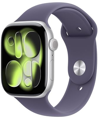 Apple Watch Series 11 GPS 46mm Smartwatch with Silver Aluminium Case with Purple Fog Sport Band M/L. Sleep Score, Fitness Tracker, Health Monitoring, Always-On Display, Water Resistant