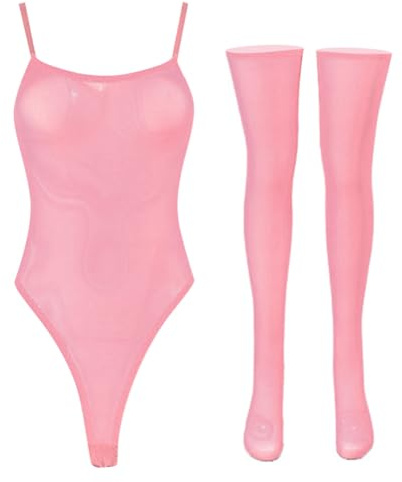 IBAKOM Women's Lingerie Cami Leotard See-through Sexy Sheer Mesh Thong Bodysuit with Stockings Jumpsuit Sleepwear for Ladies Clubwear Light Pink S