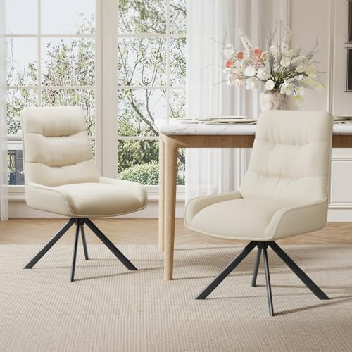 Ckaff Drehstuhl Esszimmer, 2er Set 360° Drehbar Esszimmerstuhl, Küchenstuhl, Polsterstuhl aus Chenille, Schminkstuhl mit Hoher Rückenlehne und Metallbeine für Esszimmer Küche Büro, Beige
