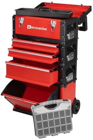 Werkzeugkönig Werkzeugtrolley 4 Teile Stahlblech Rot pulverbeschichtet - 1 Werkzeugkoffer, 2 schmale Schubladen, 1 hohe Schublade, 1 großes Klappfach - gratis Kleinteilekoffer