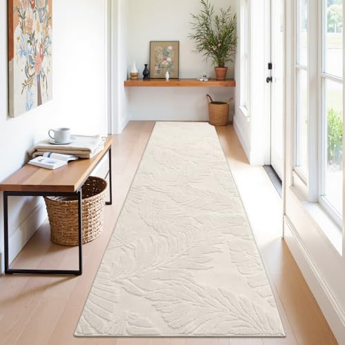 Enyhom Läufer Flur 80x300 cm, Küche rutschfest Teppich Läufer, Beige | Lang Waschbar Teppich, Modern Kurzflor Flurteppich, für Eingang, Wohnzimmer, Schlafzimmer, Boho Blatt