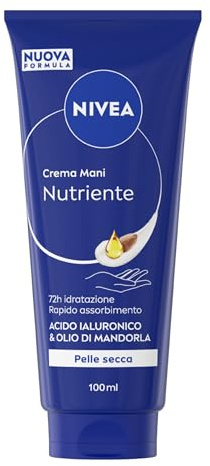 NIVEA Crema Mani Nutriente 100 ml, Crema mani riparatrice e idratante 72h, Hand cream profumata con Acido Ialuronico e Olio di Mandorla, Assorbimento rapido, Pelle secca e screpolata