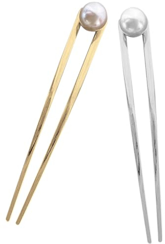Tofficu Lot de 2 Bâtonnets à Cheveux U Forme en Métal Doré et Argenté, Grandes Fourchettes à Cheveux Perles pour Chignon, Accessoires de Coiffure Élégants pour Femmes et Adolescentes,