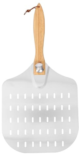 NUOBESTY Spatule à Pizza Carrée Perforée en Aluminium avec Long Manche en Bois Antidérapant, Ustensile Cuisine Professionnel pour Pizzeria, Pelle à Tarte et Serveur à Gâteau, Accessoire