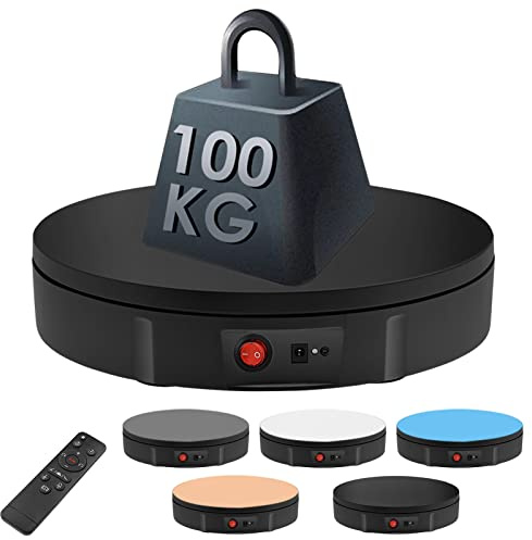 Drehteller Elektrisch, 30CM Drehscheibe Elektrisch mit 100KG Tragkraft, Fotografie Drehteller mit Einstellbarer Geschwindigkeit Fernbedienung, 5 Hintergrund für Produktanzeige Fotografie Video