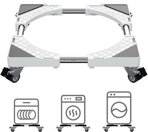 DEWEL Base con 4 Ruedas con Bloqueo para Frigorífico, Lavavajillas, Electrodomésticos ajustable 45cm-65cm Soporte Lavadora Carga 200 kg（Blanco） | Altura 11 cm, Soporte Lavadora, Plataforma con Ruedas para Nevera, Lavadora y Secadora, Blanco