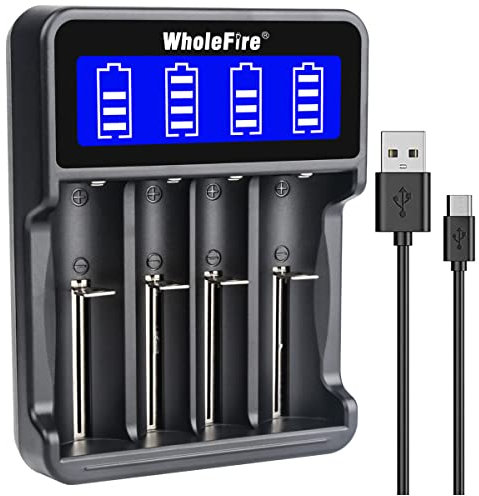 WholeFire Universale USB Caricabatteria, Display LCD 4 Slot Intelligente 18650 Caricabatteria per Batterie Ricaricabili Li-ion 18650 26650 18490 17670 17500 16340 14500, Batterie Ni-MH/Ni-Cd A AA
