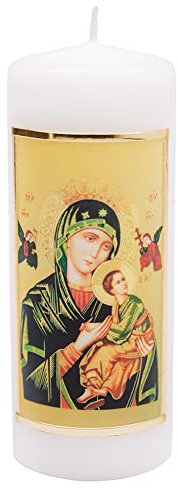 FRITZ COX Heilige Maria Immerwährende Hilfe Kerze | 44 Std. Brenndauer | RAL Qualitätskerze | Handgefertigt mit Filigranem Wachs-Gold-Rahmen, 15cm