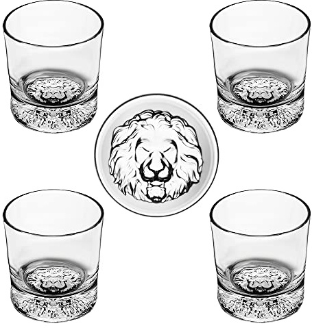 Whiskey Glasses Set of 4 with Lion Pattern 10 oz Old Fashioned Glasses | Suit for Scotch, Bourbon Cocktails Beverage Mixed Drinks