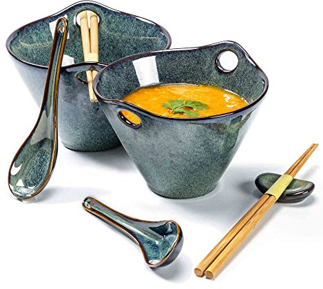 Henten Home Ciotola Ramen in Porcellana, Set Ciotola Zuppa 8 Pezzi, Cucchiaio e Bacchette Abbinati, Stile Giappone, Asiatico Ceramica Ciotola per Ramen/Insalata/Minestra/Cereali - Verde