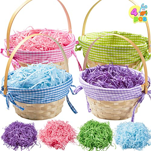 JOYIN 4 Pcs Easter Bamboo Baskets Gift Woven Baskets with Handles and 4 Colors Grass Paper Shreds, Candy Wicker Candy Toys Storage Bucket for Easter Egg Hunt, Kids Party Supplies(9 X 8)