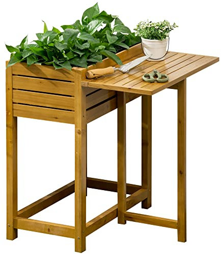 Outsunny Hochbeet Blumenkasten Pflanzkasten mit klappbarer Tischplatte, Kräuterbeet mit Innenverkleidung aus Vlies, für Garten, Terrasse, Holz, Braun, 64 x 63 x 74,5 cm