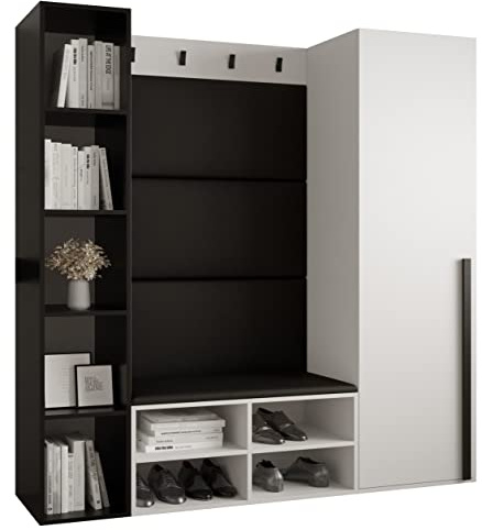 MEBLE KRYSPOL Garderobe MIRO Set 3 mit gepolsterten Paneelen Modern Design (schwarzes Öko-Leder, Weiß Matt + Schwarz Matt)