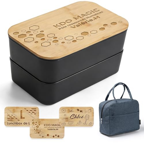 KDO MAGIC Lunch box personnaliser couleur Noir | Idée cadeau | 2 étages | Personnaliser | Graver | Bento | Couverts inclus | Cadeau anniversaire | Femme | Maman | Noël