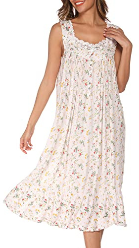 AVIIER Cotton Nightgowns for Women Sleeveless House Dress Ladies Long Nightdress with Pockets (White flowers, XX-Large)…
