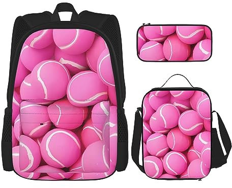 Taschen-Rucksack, Umhängetasche, Lunch-Tasche, Stifttaschen-Set – robust, langlebig und modisch, leichtes Design, leuchtend rosa Tennisbälle-Drucke, Schwarz , Einheitsgröße
