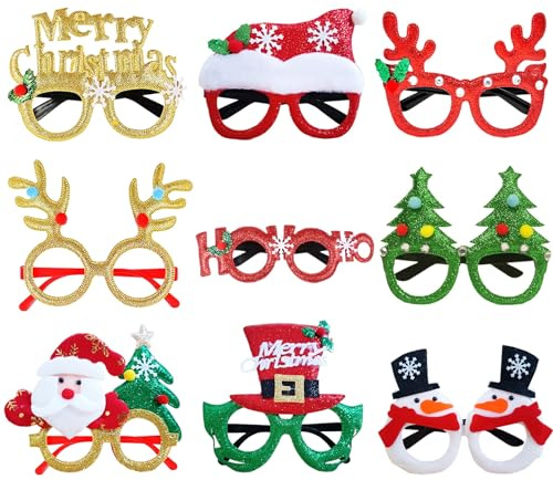 LMSHOWOWO 9 Stück Weihnachtsbrillen, Lustig Weihnachtsbrille Set, Glitterte Weihnachtsbaum Brillenrahmen, Kreative Weihnachten Brille Rahmen, Weihnachtsdeko für Weihnachsparty Kostüm Erwachsene