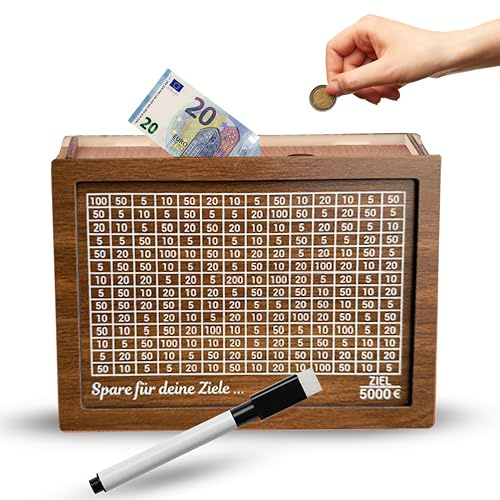 Spardose aus Holz mit Sparziel, Fertig Montiert, Wiederverwendbare Sparbox mit Zahlen, Geldkassetten/Sparbüchse für Erwachsene & Kinder zum Ankreuzen,Sparschwein mit Folienstift kakeibo Technik