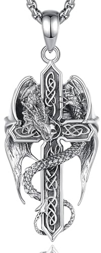 INFUSEU Drachen Kette, Wikinger Kreuz Halskette für Männer Frauen 925 Sterling Silber Drachenschwert Kreuz Anhänger Gotischer Wikinger Schädel Keltischer Schmuck Geschenke für Jungen Mädchen