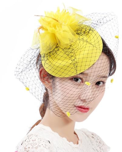 Wambere Damen Fascinator Hut,Vintage Schleier Mesh Federn Blume Clip Stirnband,Fascinator Braut Kopfschmuck,für Frauen und Mädchen für Hochzeit Cocktail Tee Party Kirche Karneval Cosplay,Gelb