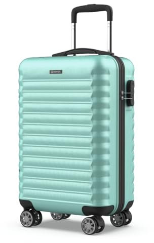 NUMADA - Handgepäck Koffer 55x36x19cm (31L) ABS Upfly XS mit 4 gummierte Doppelrollen und Zahlenschloss. Reisekoffer, Hartschalenkoffer mit Raumteiler und Packgurte | Grün