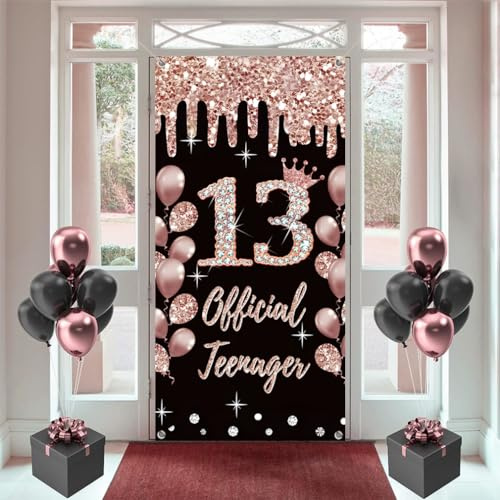 13. Geburtstag Dekorationen für Mädchen, Rosegold Hintergrund Tür Banner, 180 cm x 90 cm, Happy 13 Years Old Schild