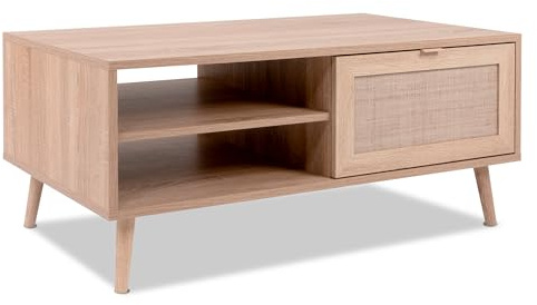 KHG Couchtisch hell-braun mit Schublade modern Eiche-Optik, 60 cm,x46 | Beistell-Tisch aus Holzwerkstoff Rattan-Optik, Gestell aus Massivholz, für Wohnraum, 100x46x60 cm (B/H/T)