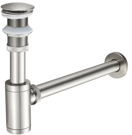 KEOKBON Trampa para botellas de 1 1/4 pulgadas con desbordamiento, redonda, decorativa, ajustable, para fregadero, tubo de drenaje de fontanería para lavabo, lavabo de níquel cepillado, drenaje
