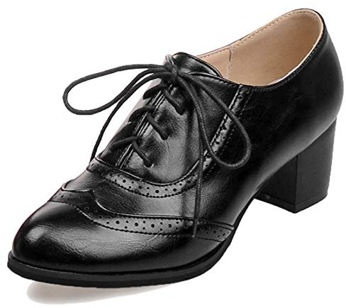 Gicoiz Oxford Damen Pointed Toe Schnüren Buro Blockabsatz Brogue Schuhe Vintage Wildleder Geschlossen Arbeit Formal Lack Pump Schwarz Gr 36 EU