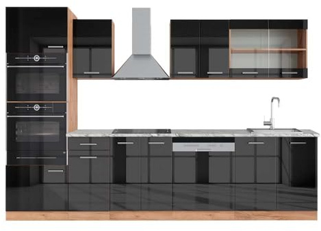 Vicco Küchenzeile R-Line, Anthrazit Hochglanz/Goldkraft Eiche, 300 cm mit Hochschrank, AP Marmor, zur individuellen Erweiterung durch kompatible Zusatzmodule