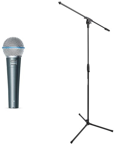 Shure BETA 58A Microfono Vocale Dinamico Supercardioide a Elemento Singolo & Amazon Basics - Treppiedi con Asta Porta-Microfono a Giraffa, Nero