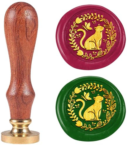 DELORIGIN Wachssiegel Stempel Mit Blättern Und Katze 25 mm Siegelstempel Personalisiert Vintage Messingkopf Holzgriff Siegelwachsstempel Für Umschläge Einladungen Postkarten Geschenkverpackungen Dekor