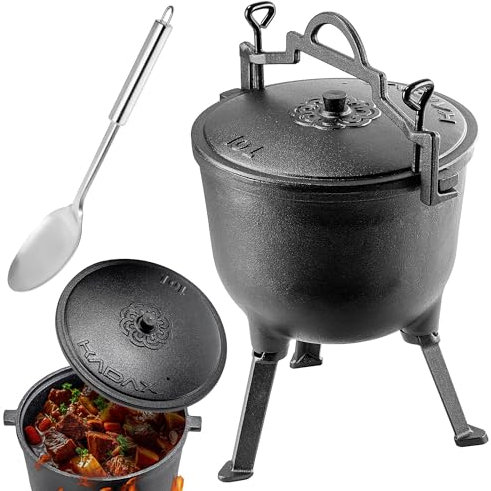 KADAX Hunting Kettle, Cast Iron Cooking Pot with Feet, Cast Iron Dutch Oven for Garden, Campfire, Camping, BBQ, Fire Pot with Lid (10L with Spoon)